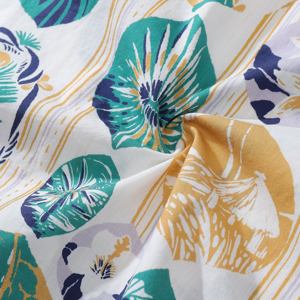 Striped Base Fabric with Vintage Tropical Flower Print Short-Sleeved Hawaiian Shirt By Evan