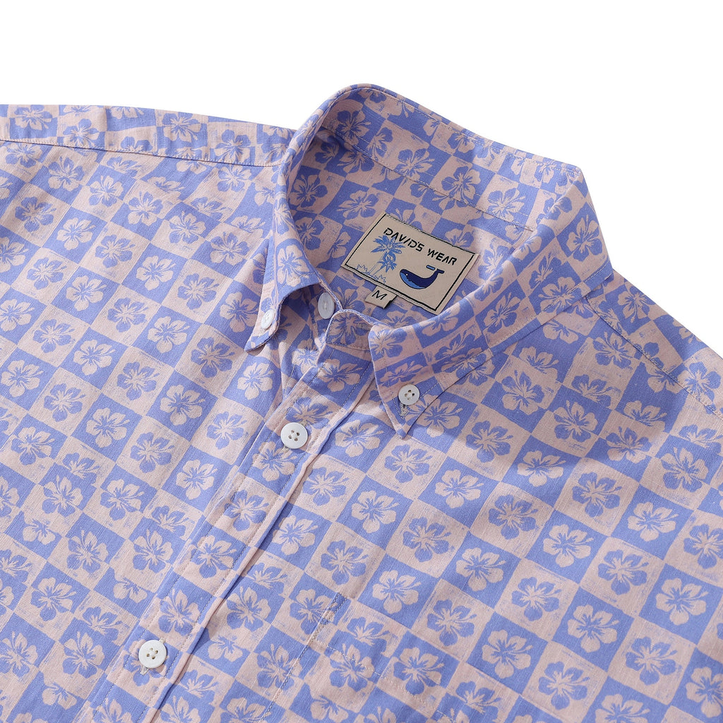 Hawaiian Shirts For Men Retro Hibiscus Print 100% Cotton Short Sleeve By Amy