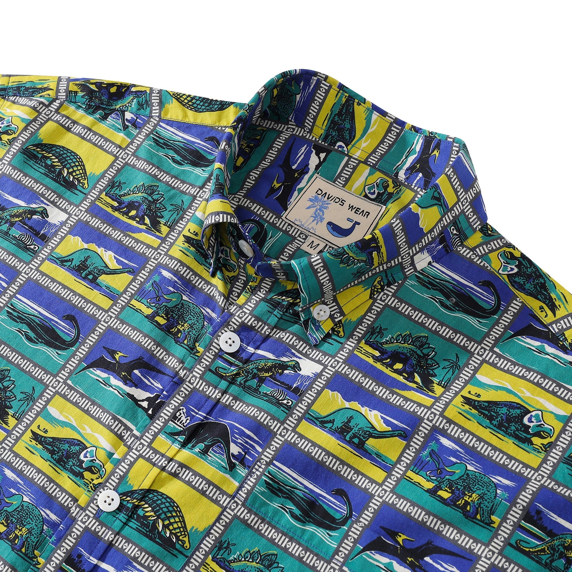 Hawaiian Shirts for Men Retro Dinosaur Stamp Collection 100% Cotton Short-Sleeve By Amy