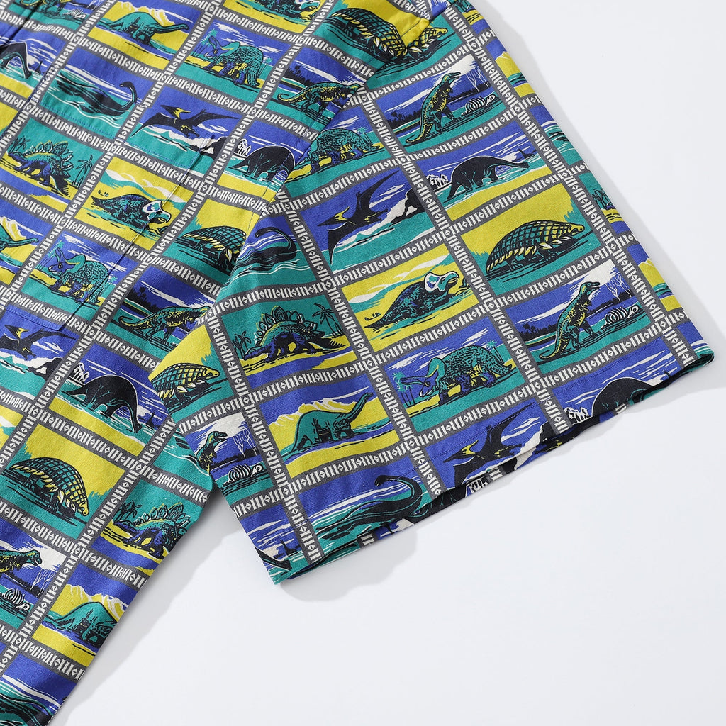 Hawaiian Shirts for Men Retro Dinosaur Stamp Collection 100% Cotton Short-Sleeve By Amy