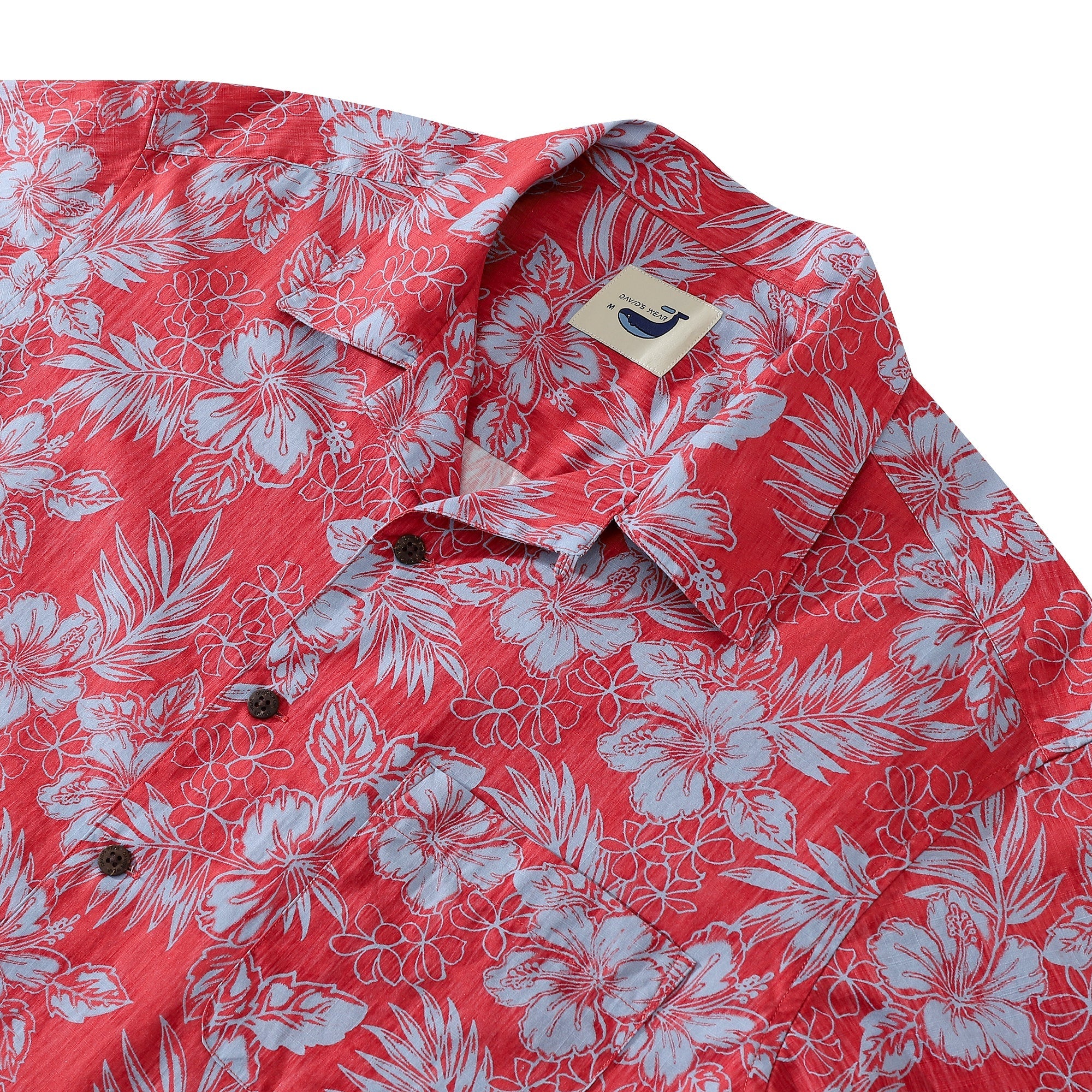 Red Hibiscus Tropical Leaves Men's 100% Cotton Camp Shirts Coconut Button By Amy