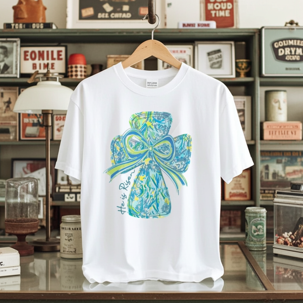 "He Is Risen" Vibrant Cross & Bow – Lightweight Cotton Casual Round Neck Summer