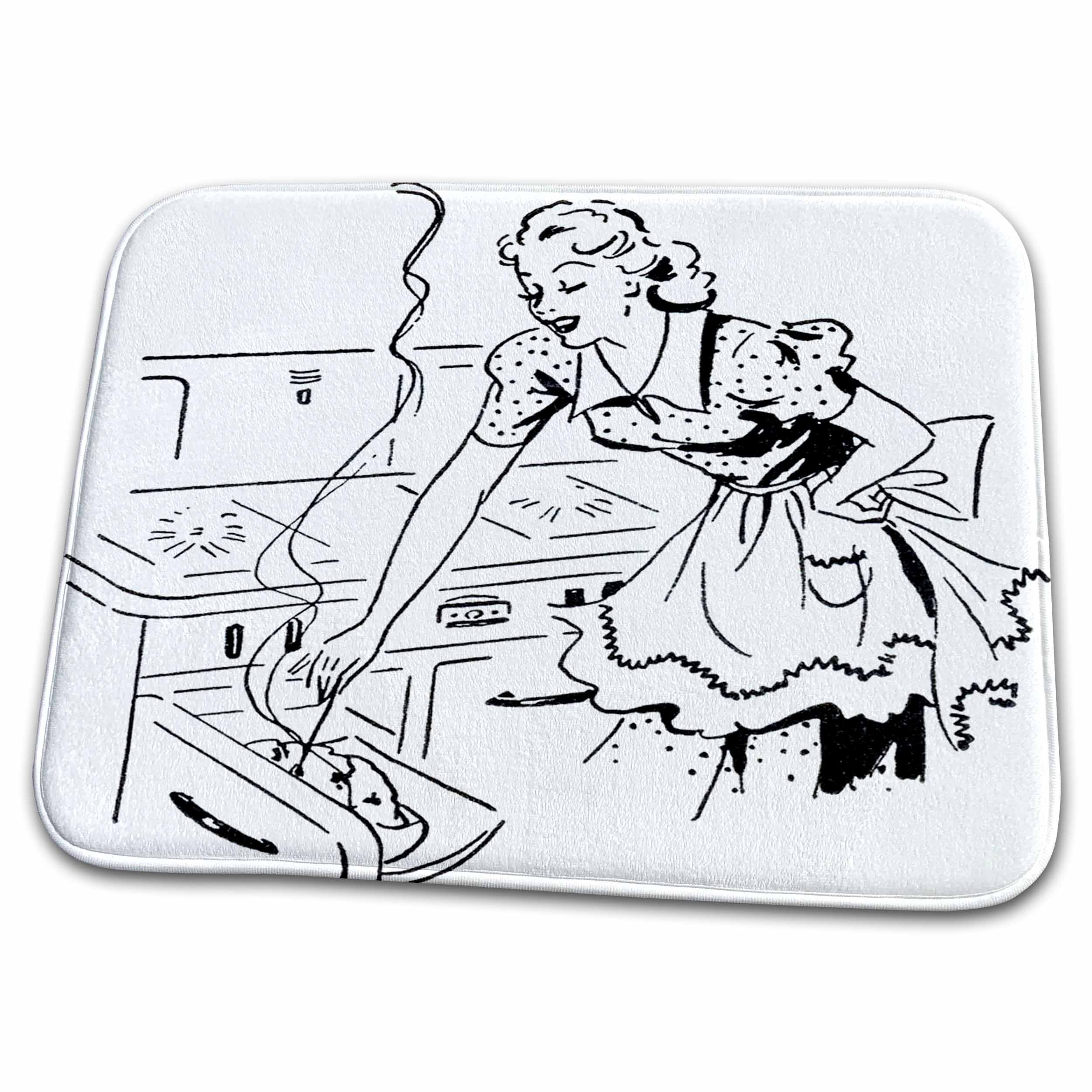 Dish Drying Mat - Print of Retro Mom In Kitchen Cooking Retro
