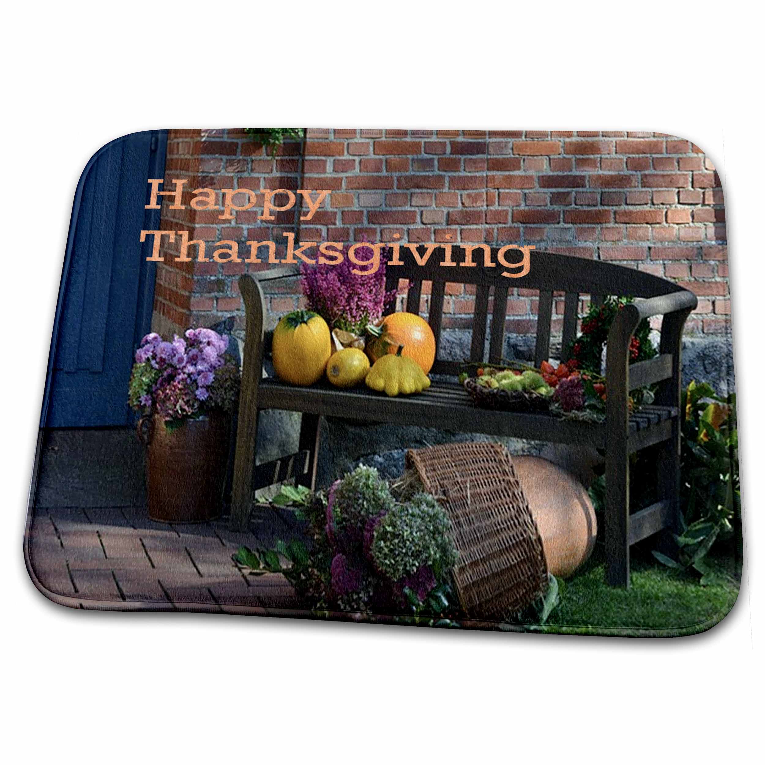 Dish Drying Mat - Print of Country Happy Thanksgiving And Bench With Fall Produce Holiday