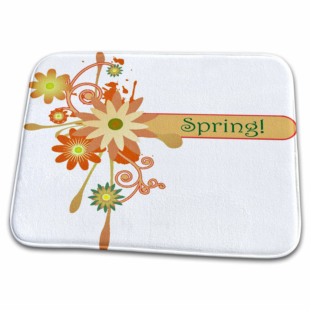 Dish Drying Mat - Cute Beige and Orange Flowers With The Word Spring Flowers