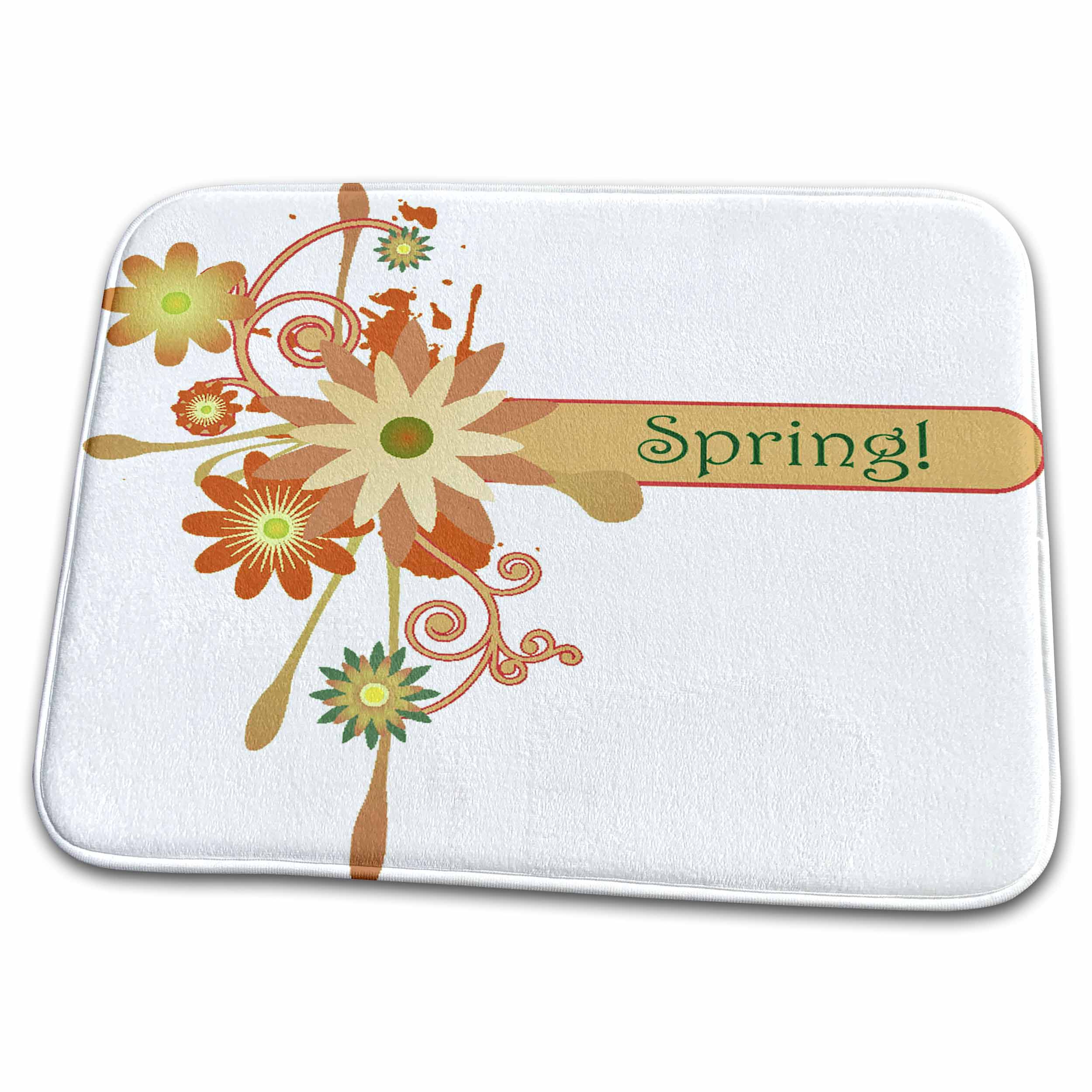 Dish Drying Mat - Cute Beige and Orange Flowers With The Word Spring Flowers