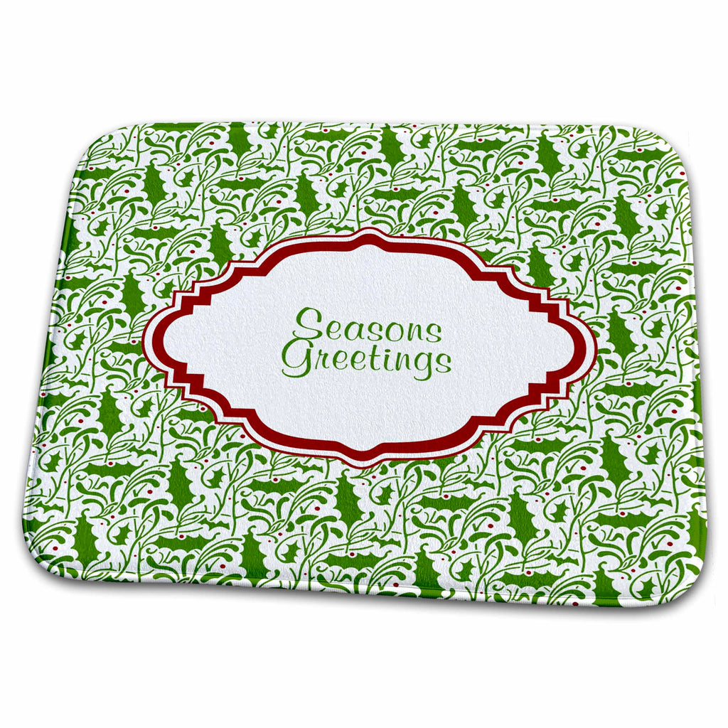Dish Drying Mat - Christmas Holiday Holly Pattern in Green and White Christmas Designs