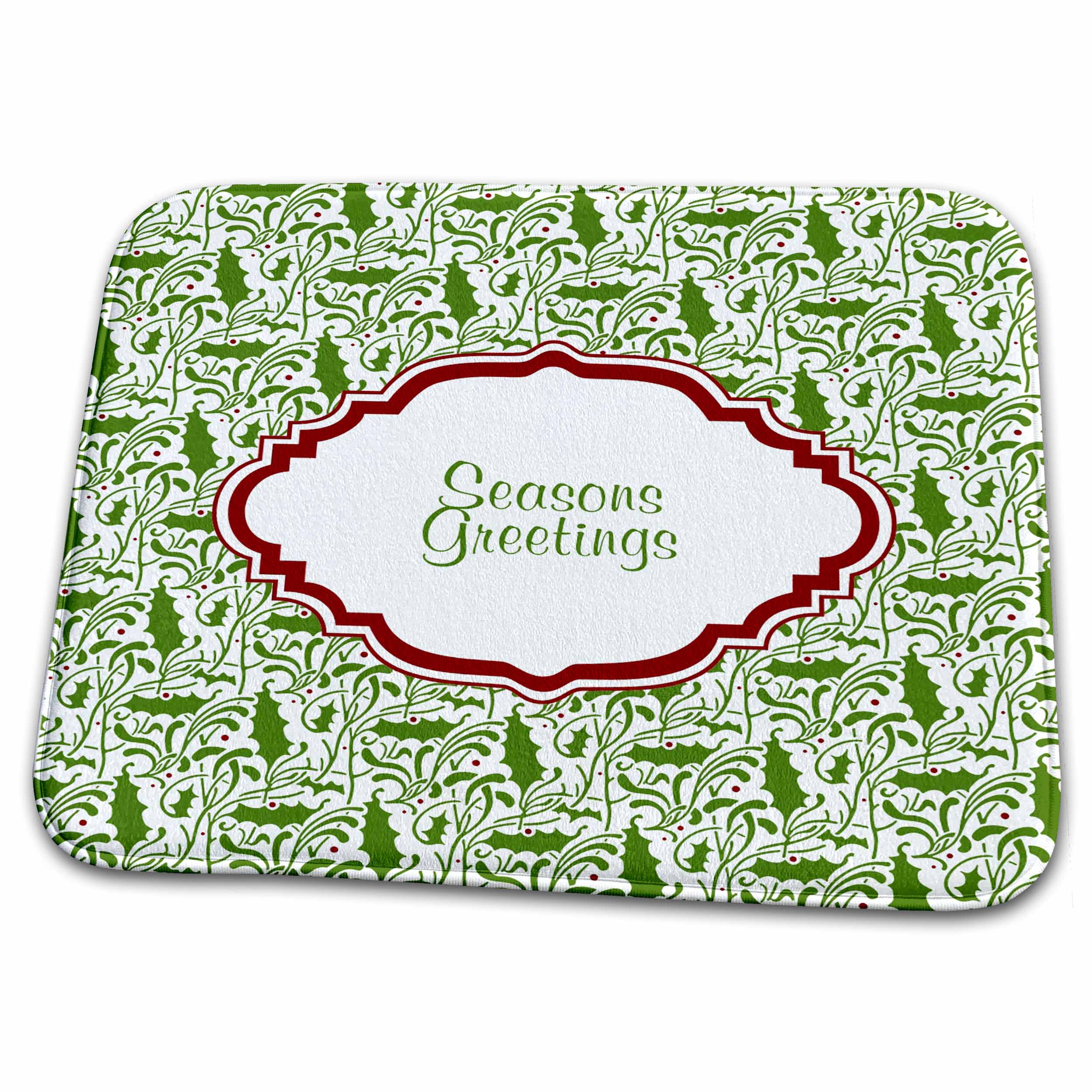 Dish Drying Mat - Christmas Holiday Holly Pattern in Green and White Christmas Designs
