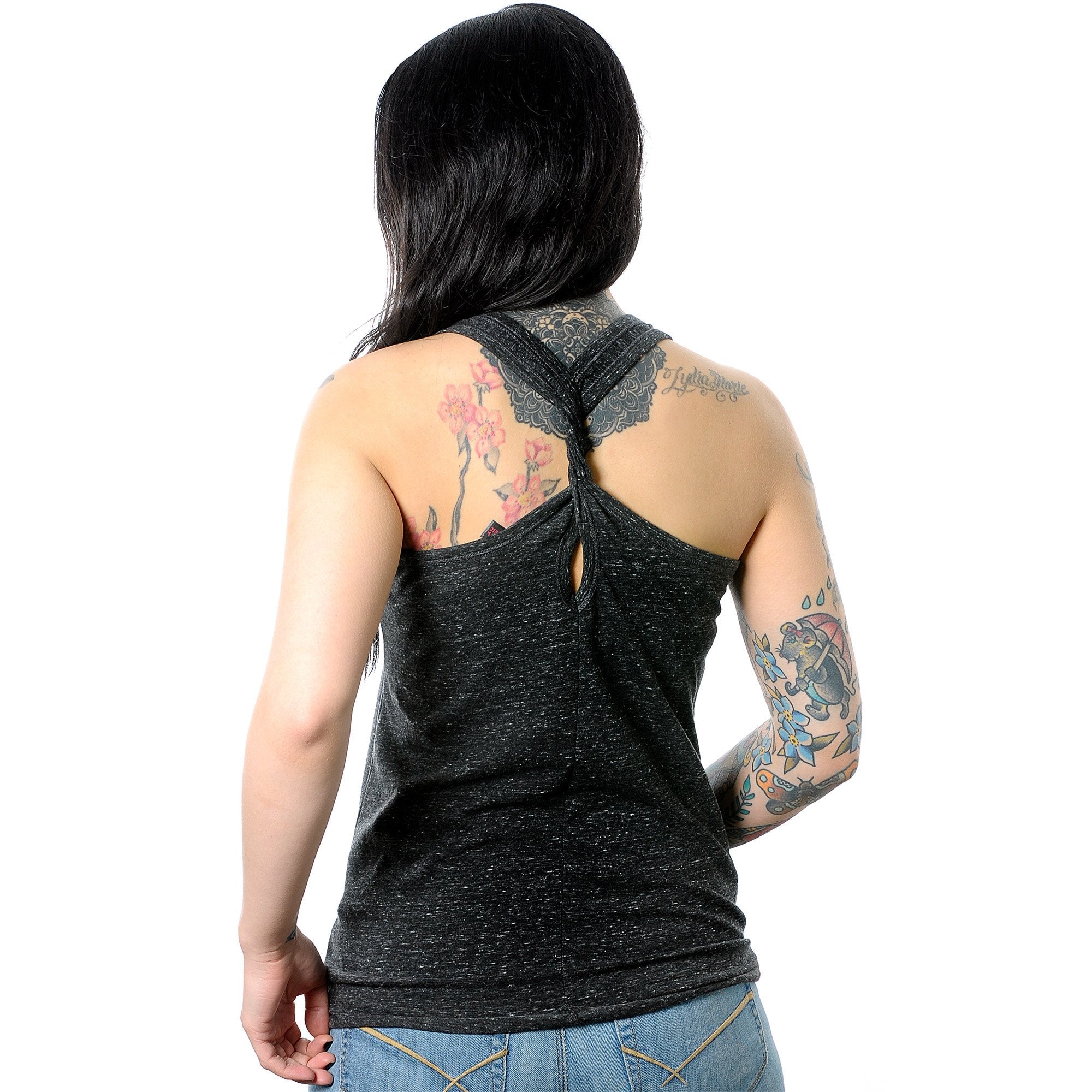 Nacho Bae Black Gray Cosmic Twist Back Tank Top