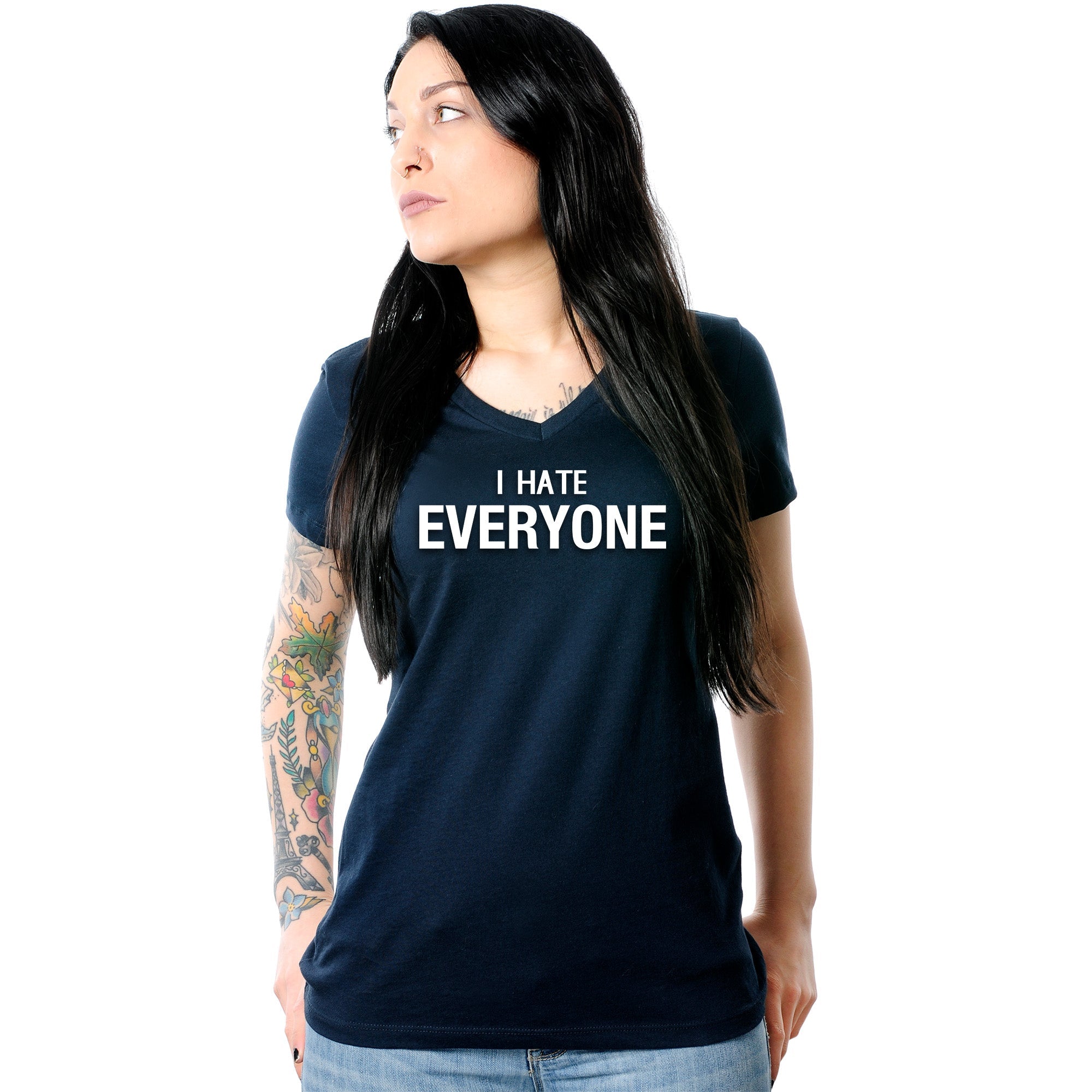 I hate everyone Navy Tapered V-Neck Tee Shirt
