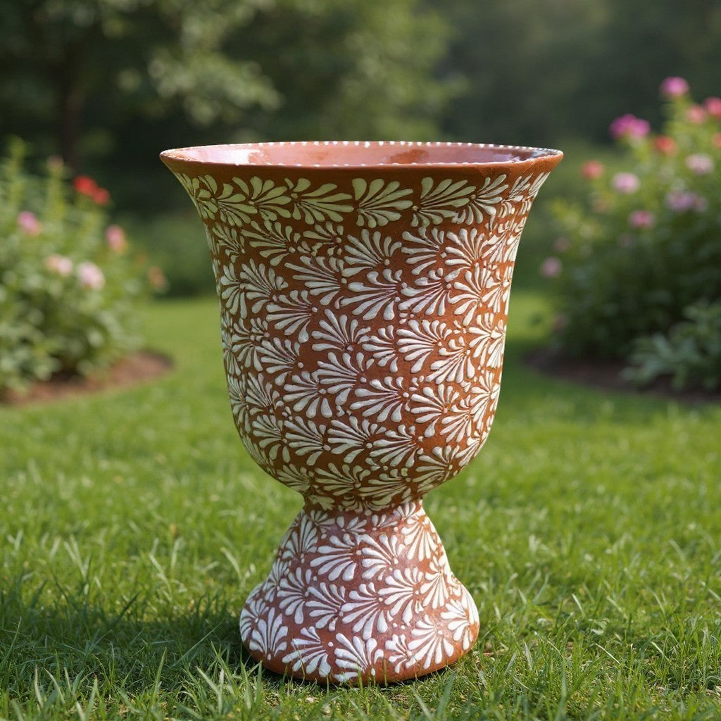 XL Brown & White Talavera Pedestal Planter | Handmade Flower Pot
