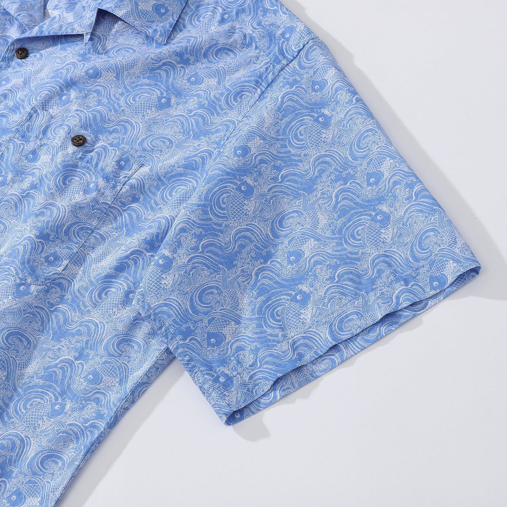 Hawaiian Shirts For Men Traditional Koi Carp Printed 100% Cotton Short Sleeve - Blue By Amy