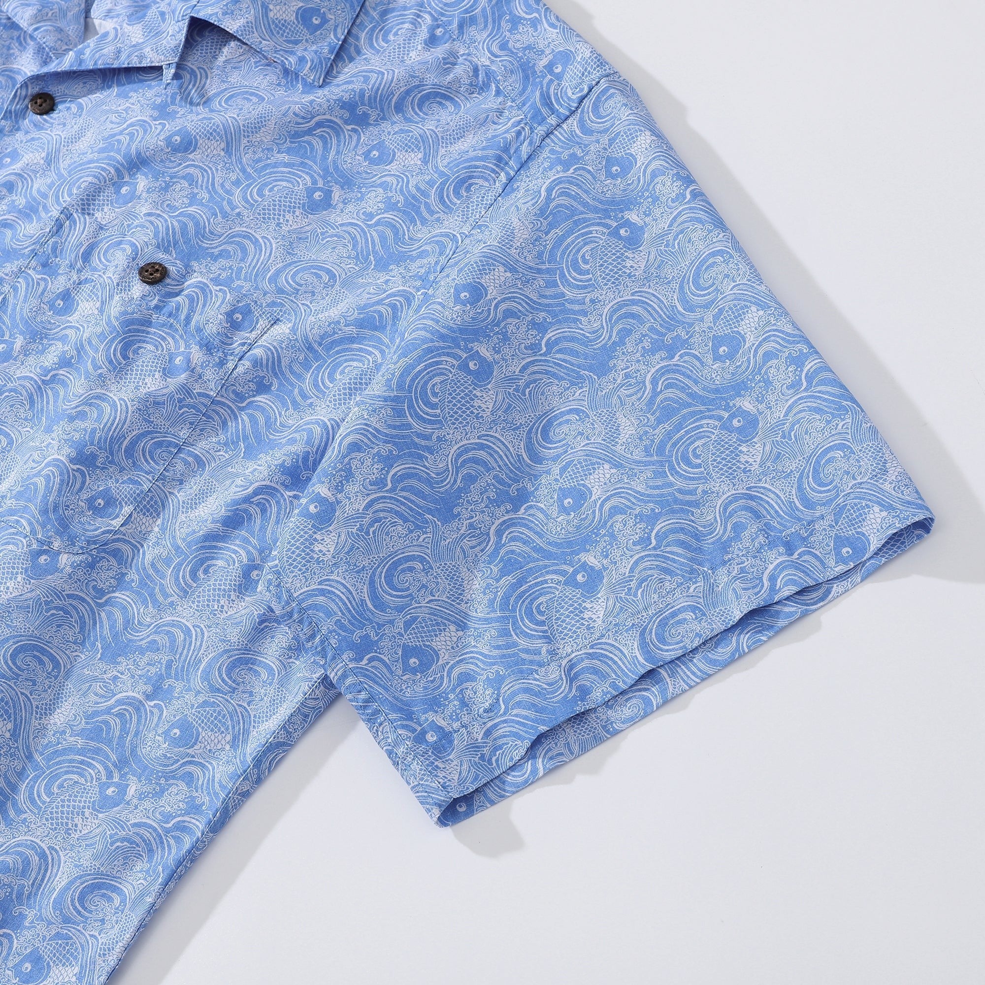Hawaiian Shirts For Men Traditional Koi Carp Printed 100% Cotton Short Sleeve - Blue By Amy