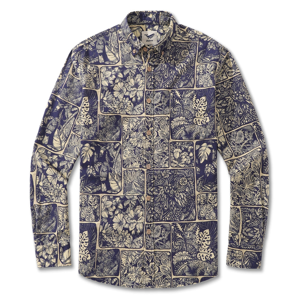 Vintage Men's Hawaiian Shirt Jungle Cotton Button-down Long Sleeve Aloha Shirt By Yakima