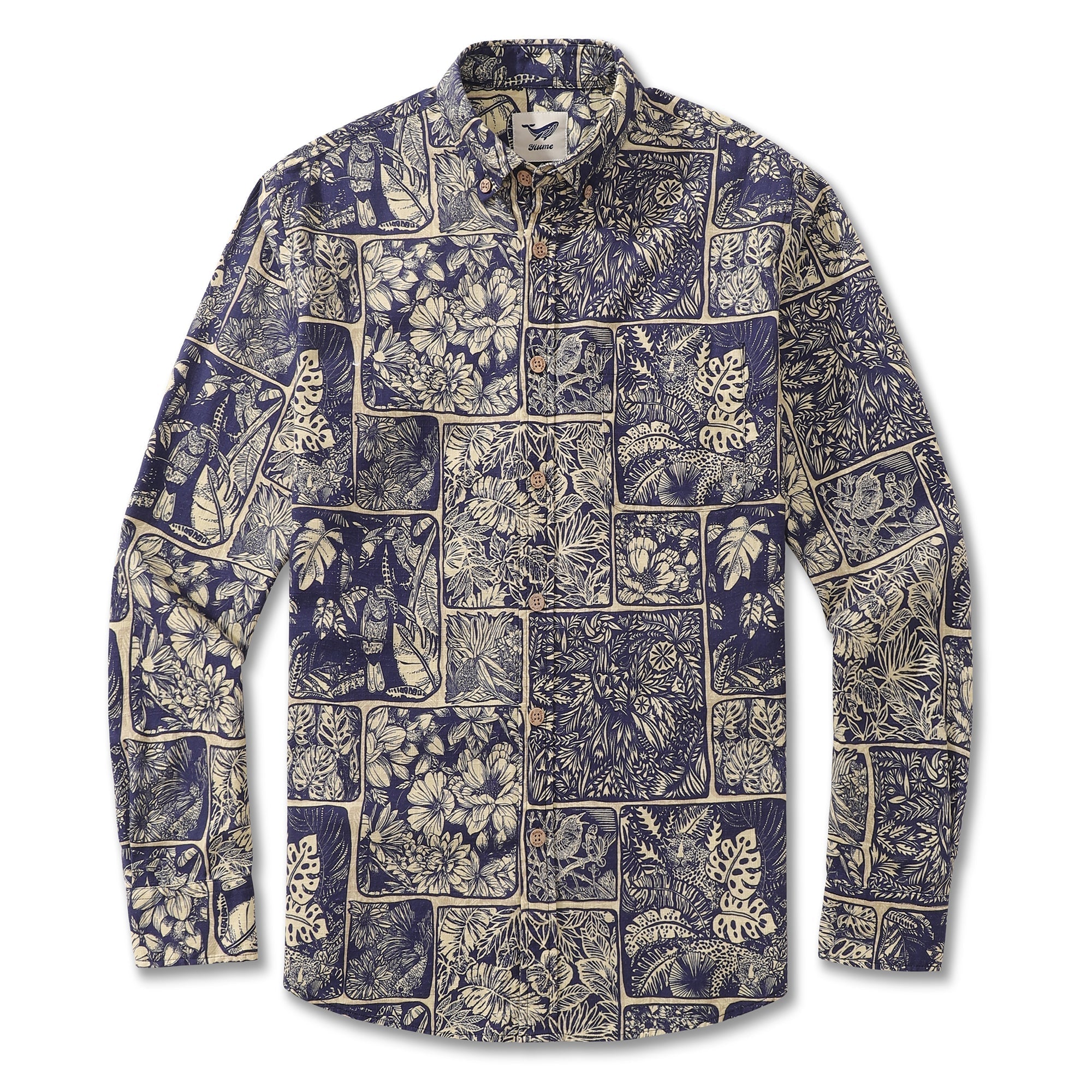 Vintage Men's Hawaiian Shirt Jungle Cotton Button-down Long Sleeve Aloha Shirt By Yakima