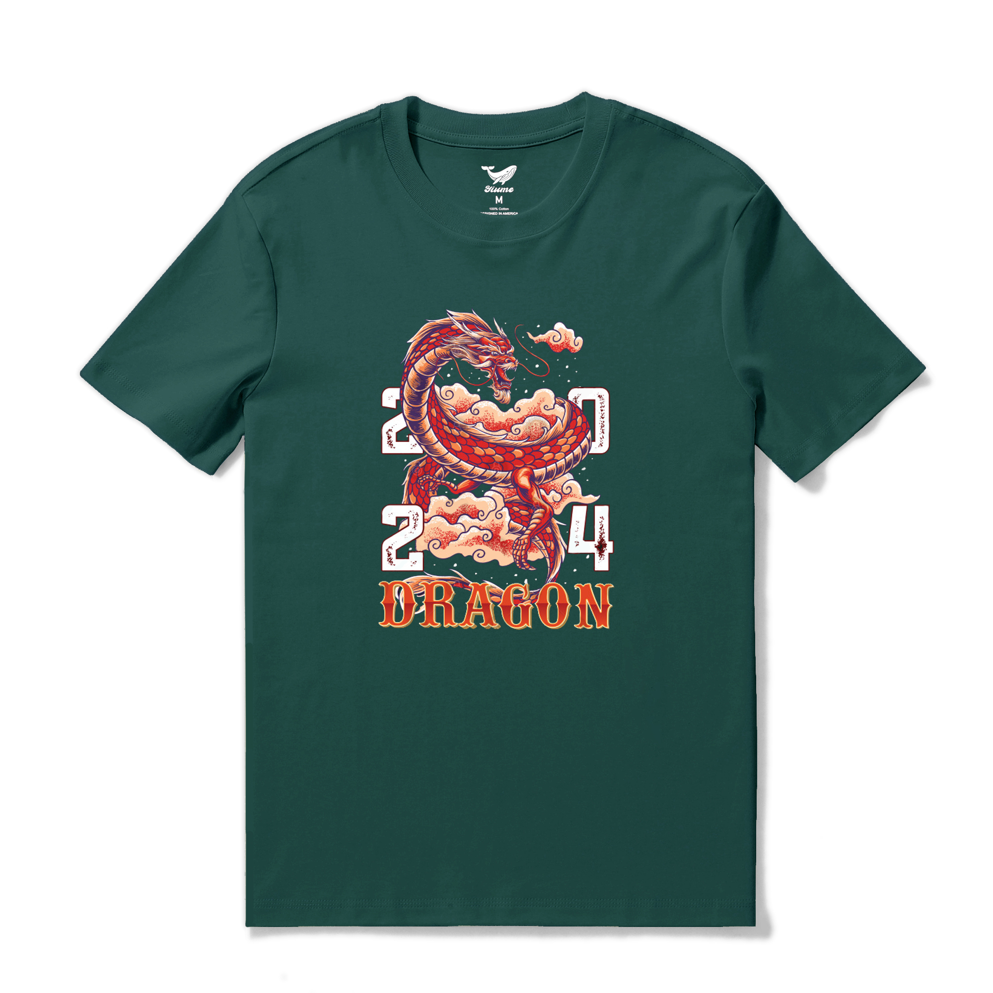 Hawaiian Tee For Men Year of the Dragon 2024 Tee Crew Neck 100% Cotton - DARK GREEN By Shawn