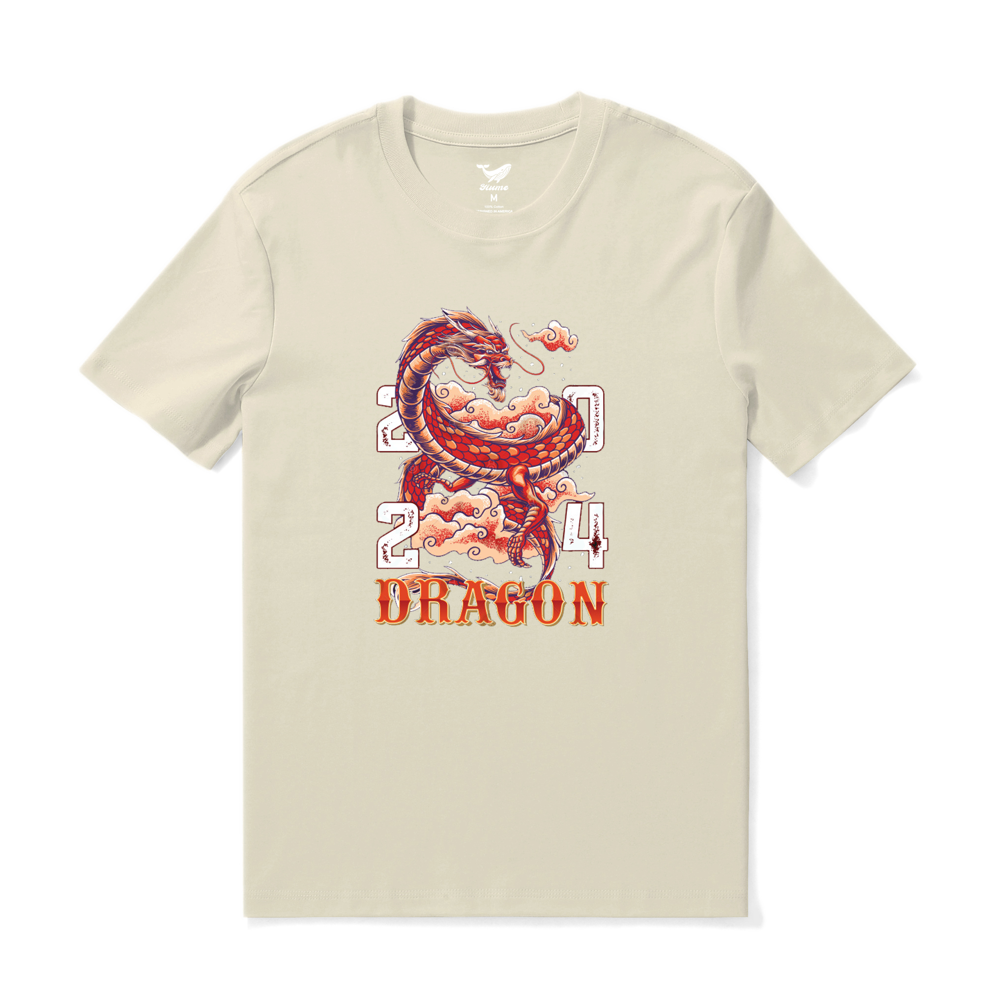 Hawaiian Tee For Men Year of the Dragon 2024 Tee Crew Neck 100% Cotton - BEIGE By Shawn