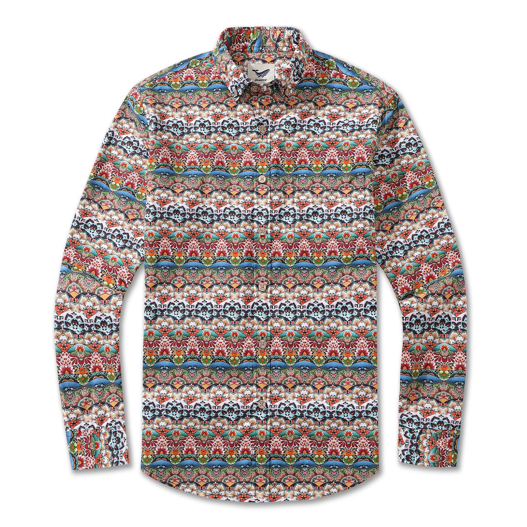 Men's Hawaiian Shirt Tropical Groove Cotton Button-down Long Sleeve Aloha Shirt By Amy