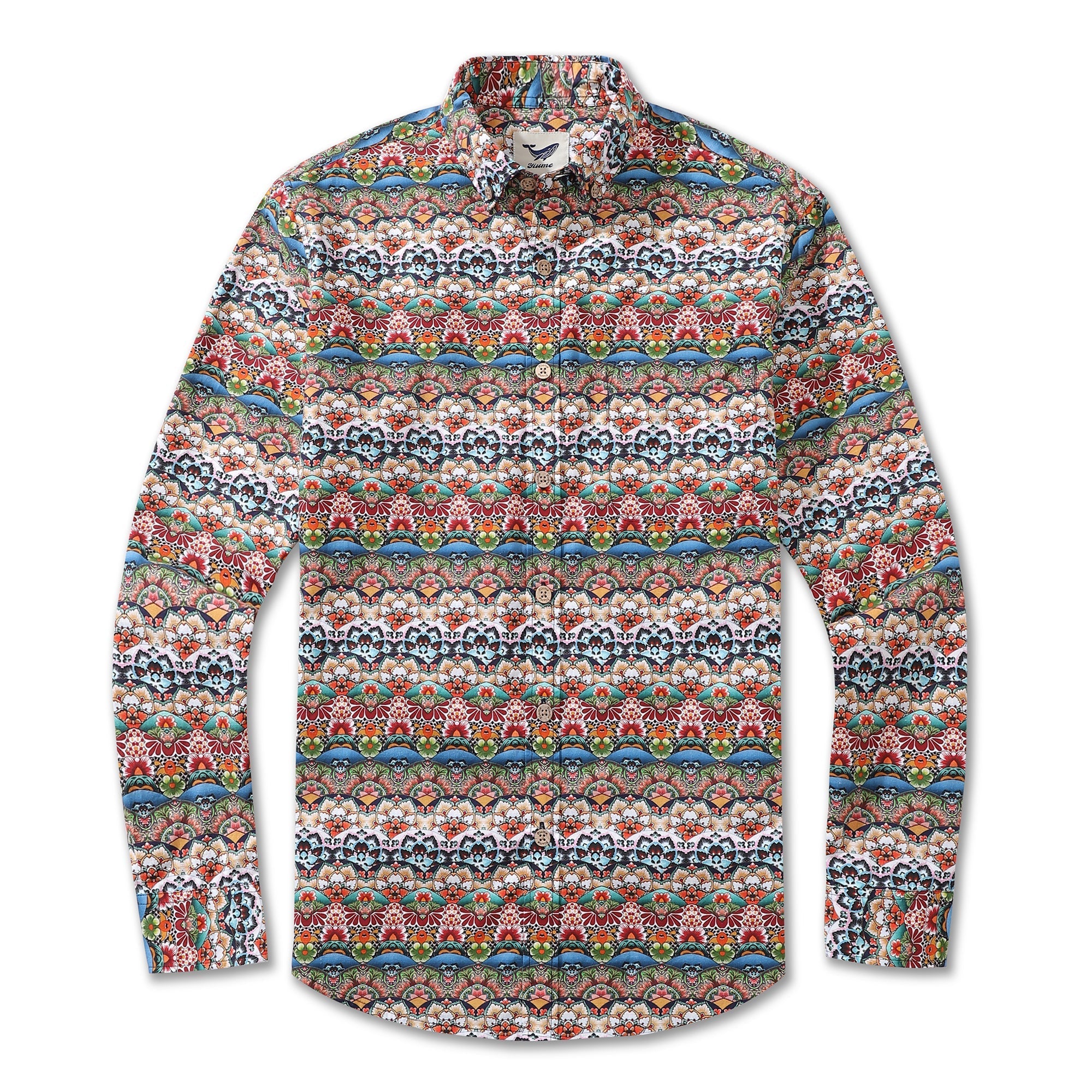 Men's Hawaiian Shirt Tropical Groove Cotton Button-down Long Sleeve Aloha Shirt By Amy