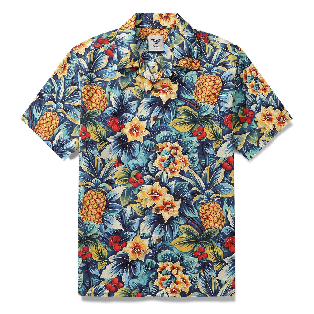Tropical Hawaiian Shirt For Men Pineapples in the Jungle Shirt Camp Collar 100% Cotton By Sun
