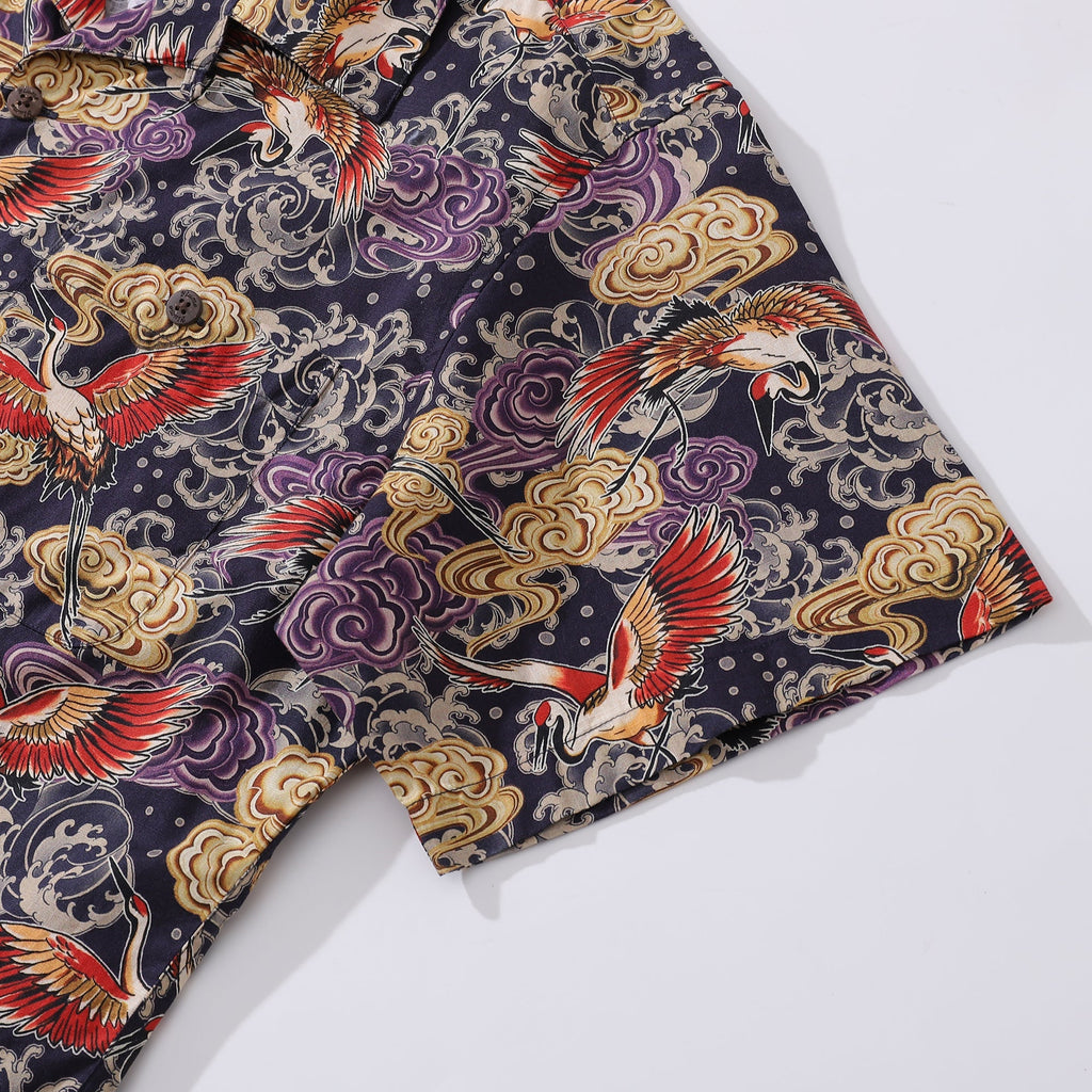Hawaiian Shirt For Men Lonely Clouds and Free Cranes Print Shirt Camp Collar 100% Cotton By Yakima