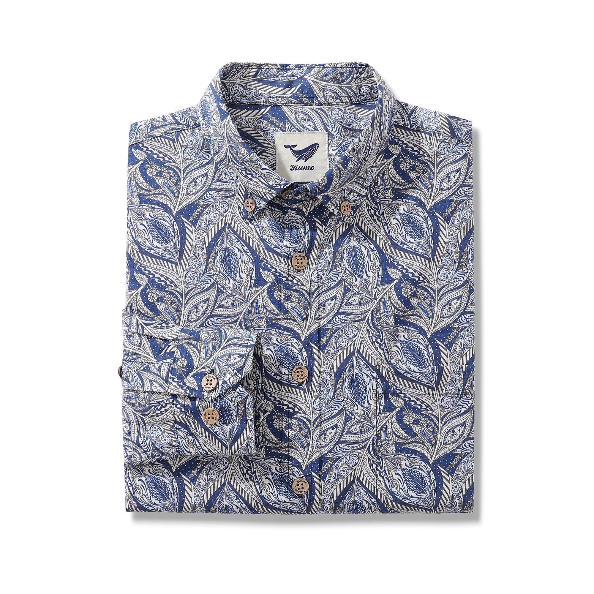Men's Hawaiian Floral Pattern Series 1 Elm Tree Print Cotton Button-down Long Sleeve Aloha Shirt By Sun