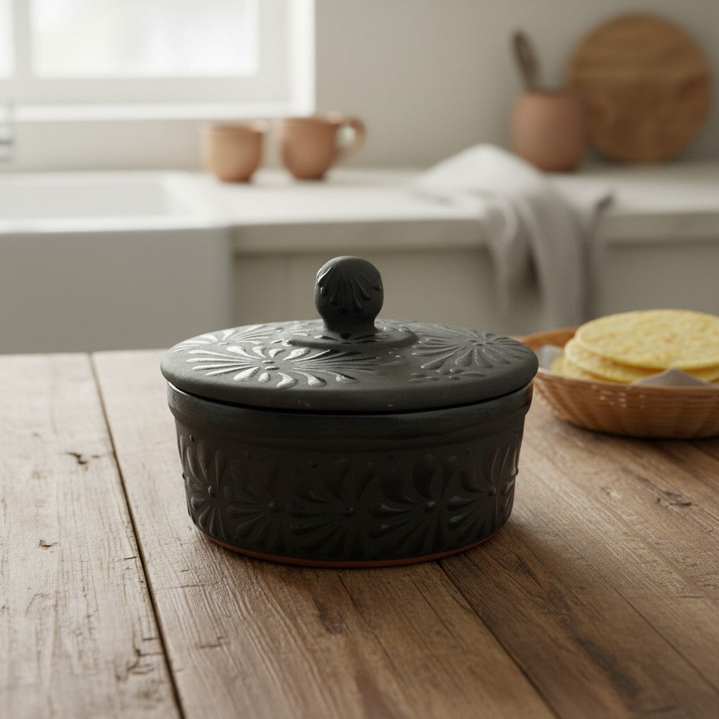 Black Talavera Tortilla Keeper | Handmade Ceramic Warmer