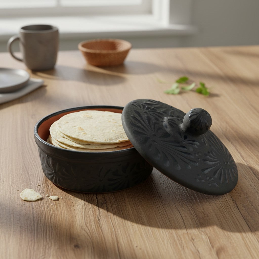 Black Talavera Tortilla Keeper | Handmade Ceramic Warmer