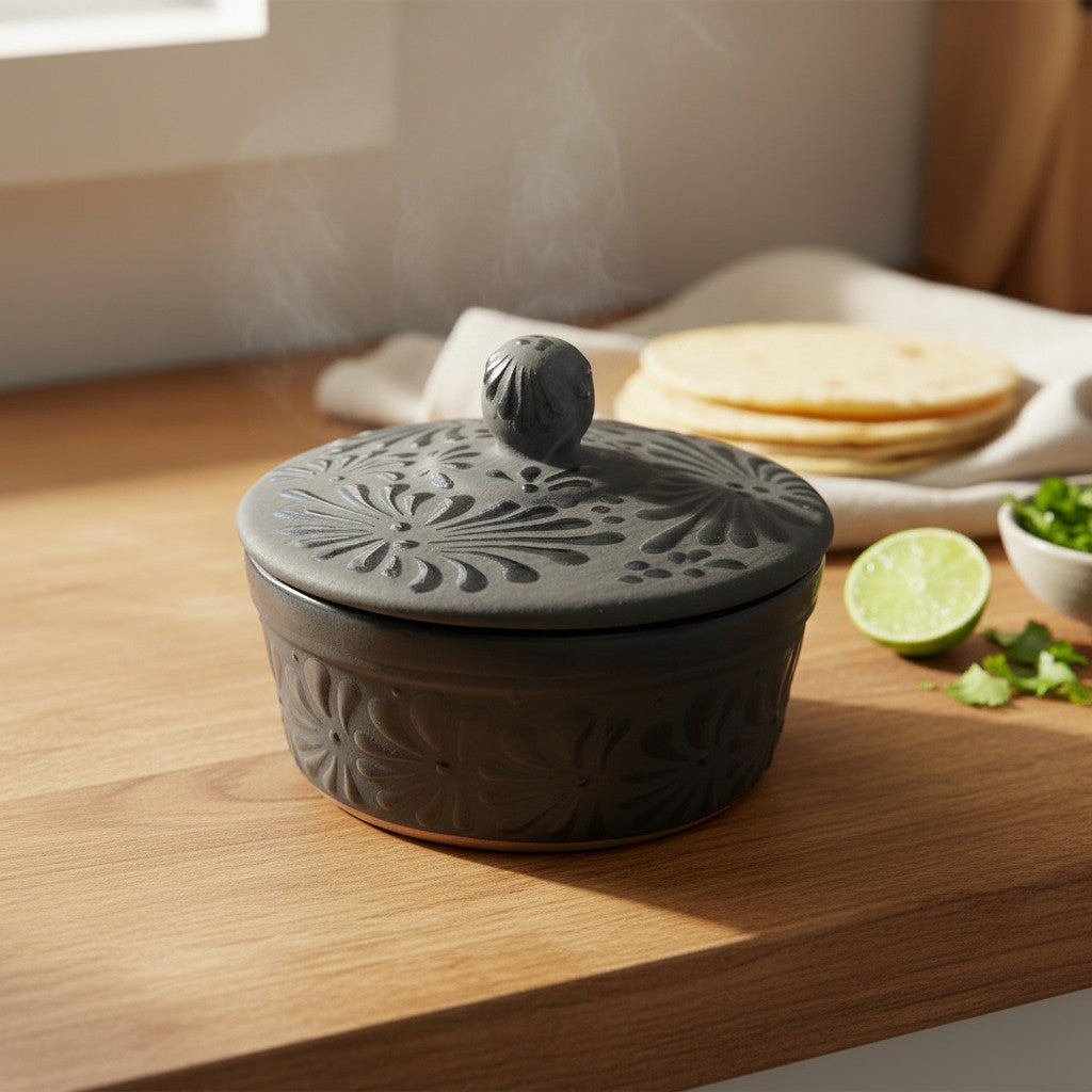 Black Talavera Tortilla Keeper | Handmade Ceramic Warmer