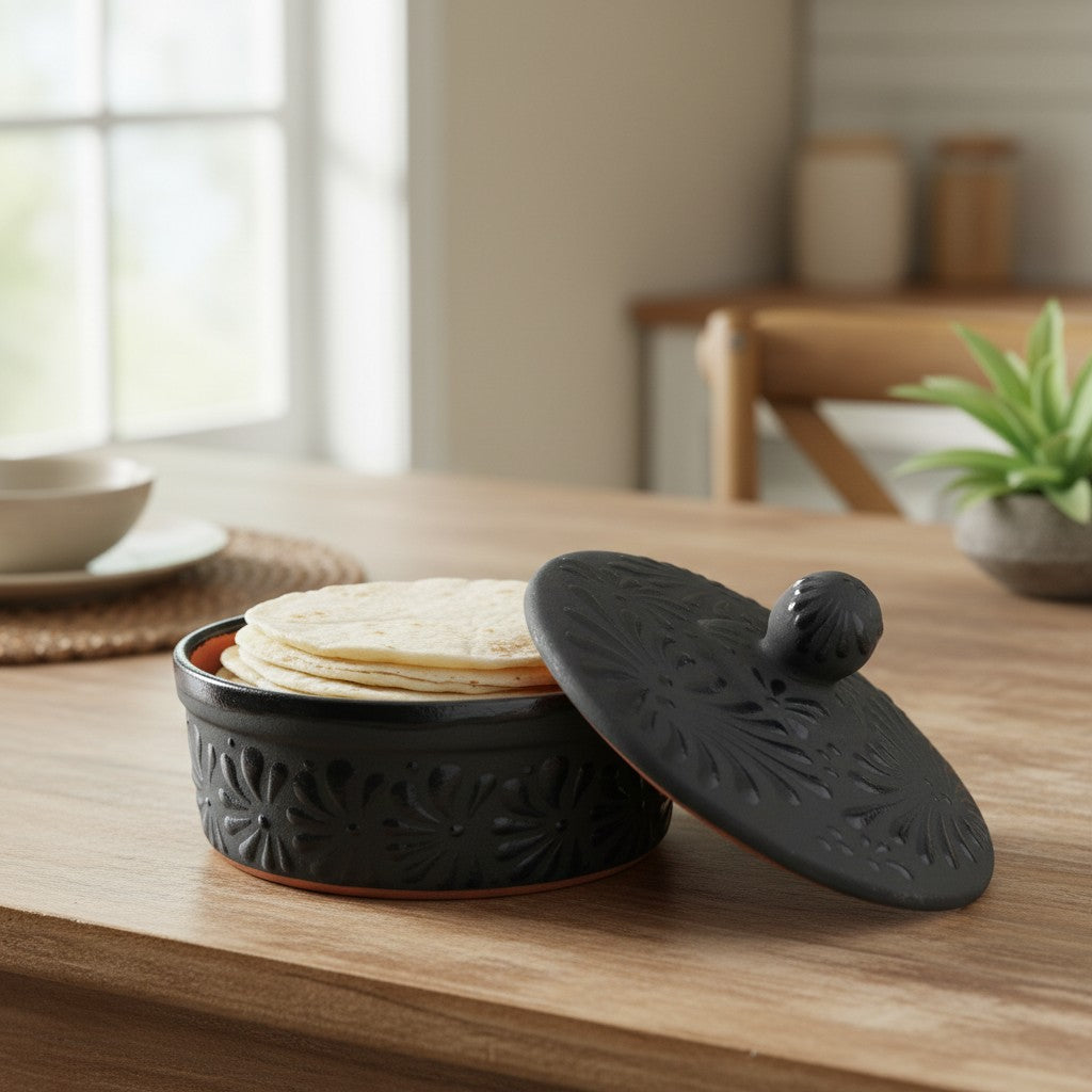 Black Talavera Tortilla Keeper | Handmade Ceramic Warmer