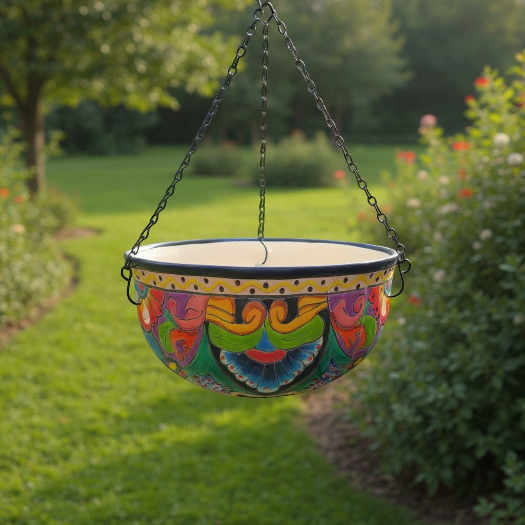 Blue Rim Talavera Hanging Pot | Hand-Painted Ceramic Planter