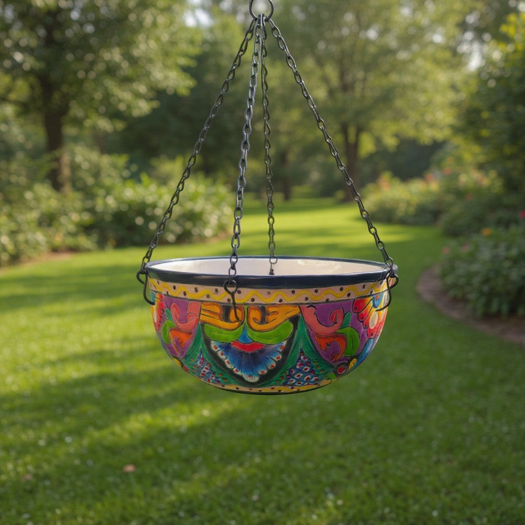 Blue Rim Talavera Hanging Pot | Hand-Painted Ceramic Planter