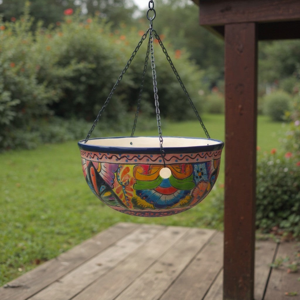 Blue Rim Talavera Hanging Pot | Hand-Painted Ceramic Planter