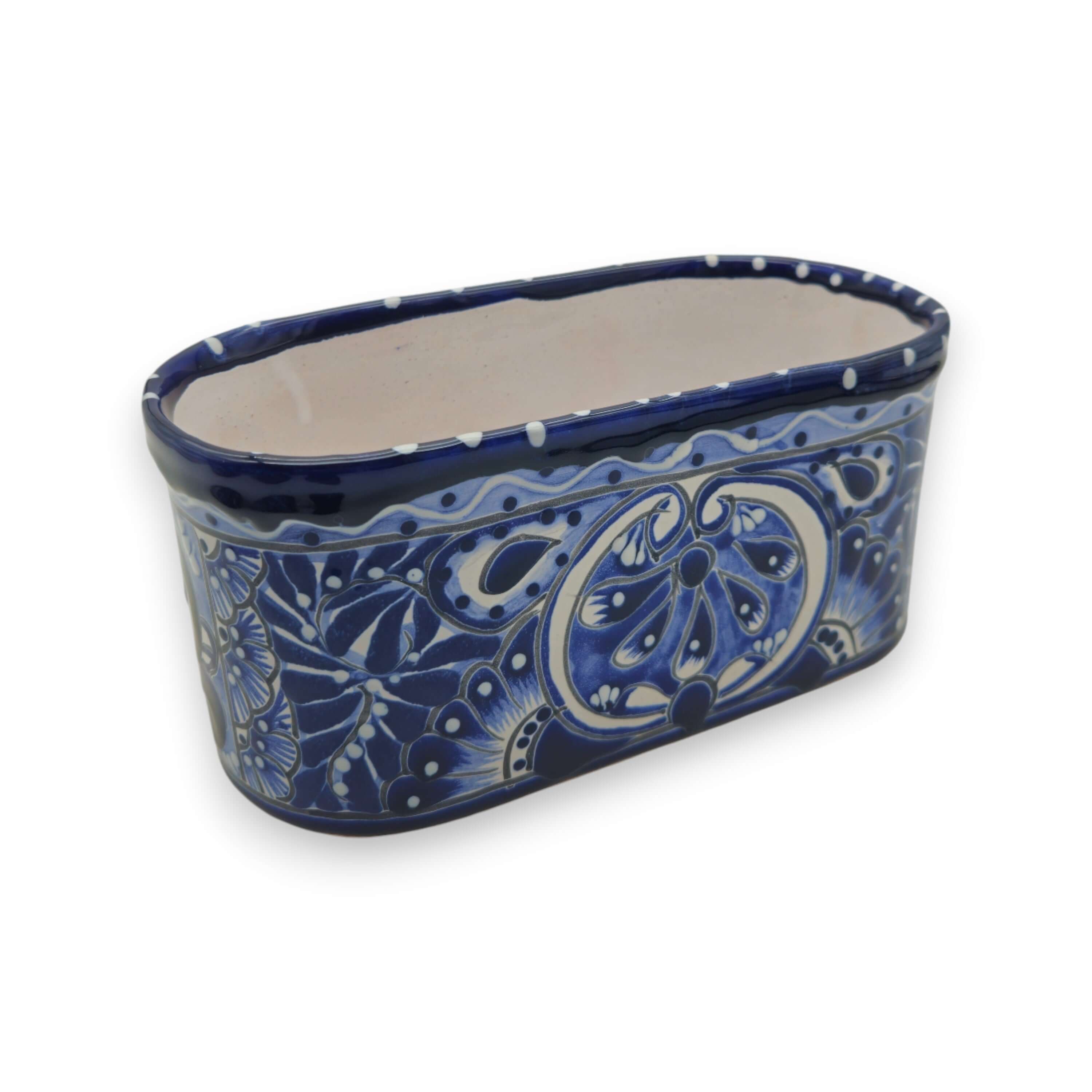 Blue and White Oval Talavera Planter | Mexican Ceramic Pot