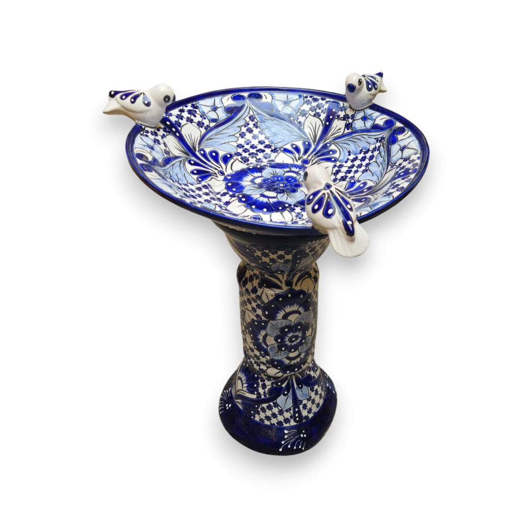 Blue & White Talavera Bird Bath with Rim Birds | Mexican Garden Art