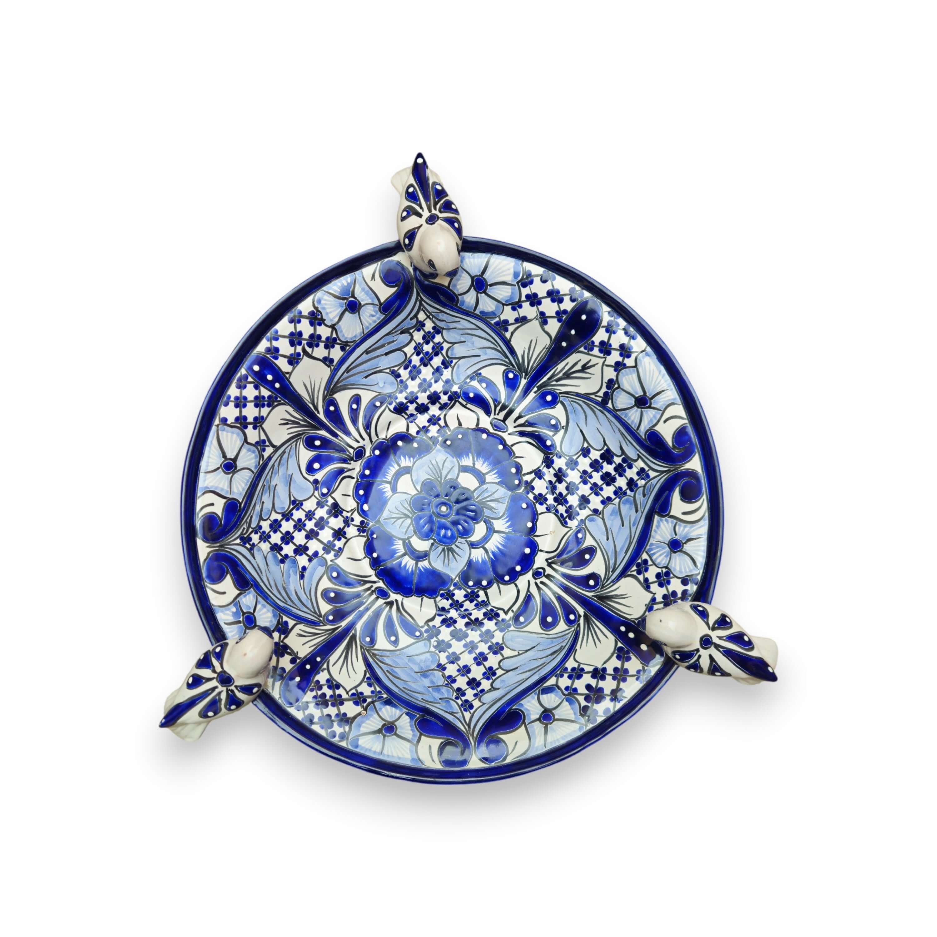 Blue & White Talavera Bird Bath with Rim Birds | Mexican Garden Art
