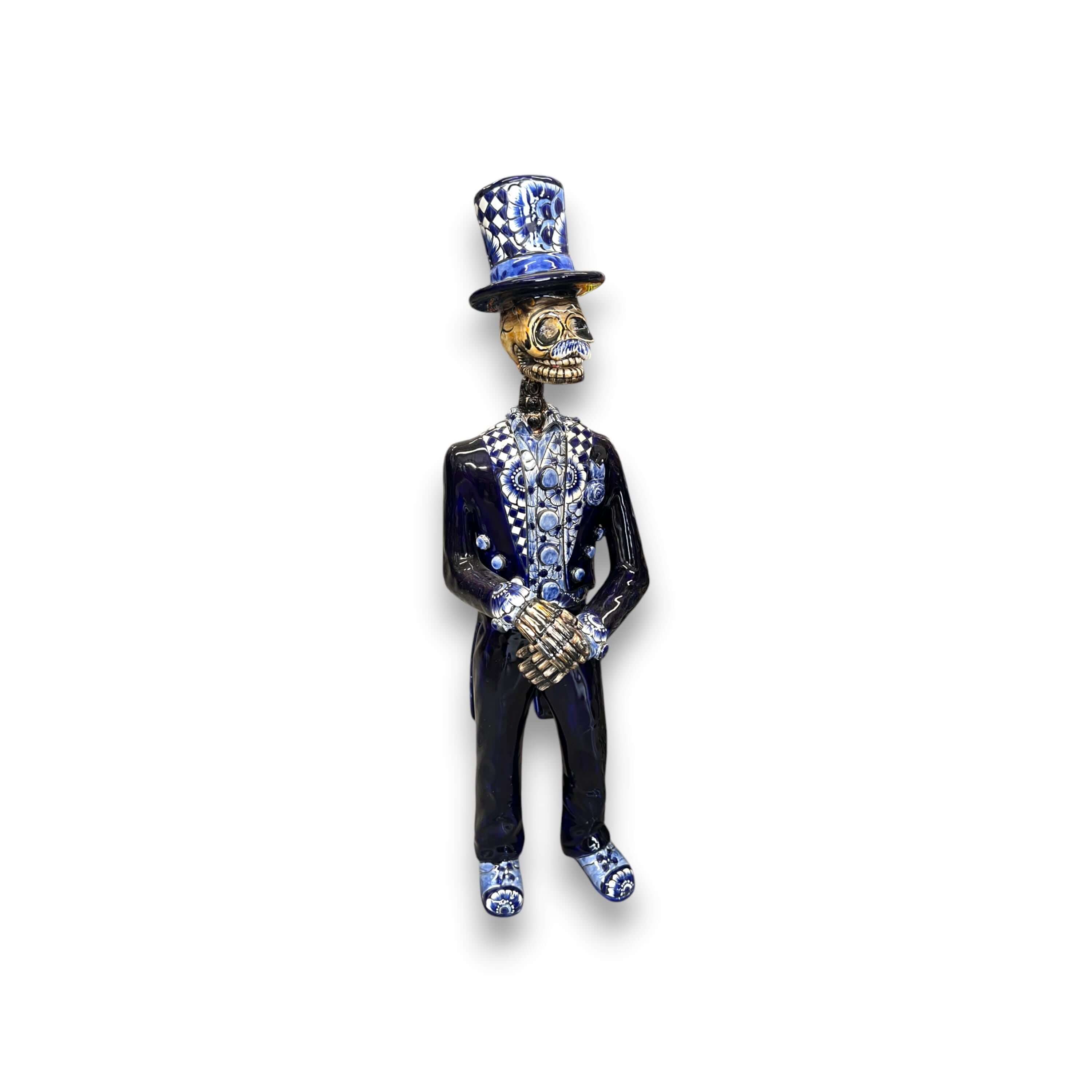 Blue & White Talavera Catrin Statue | Day of the Dead Figurine