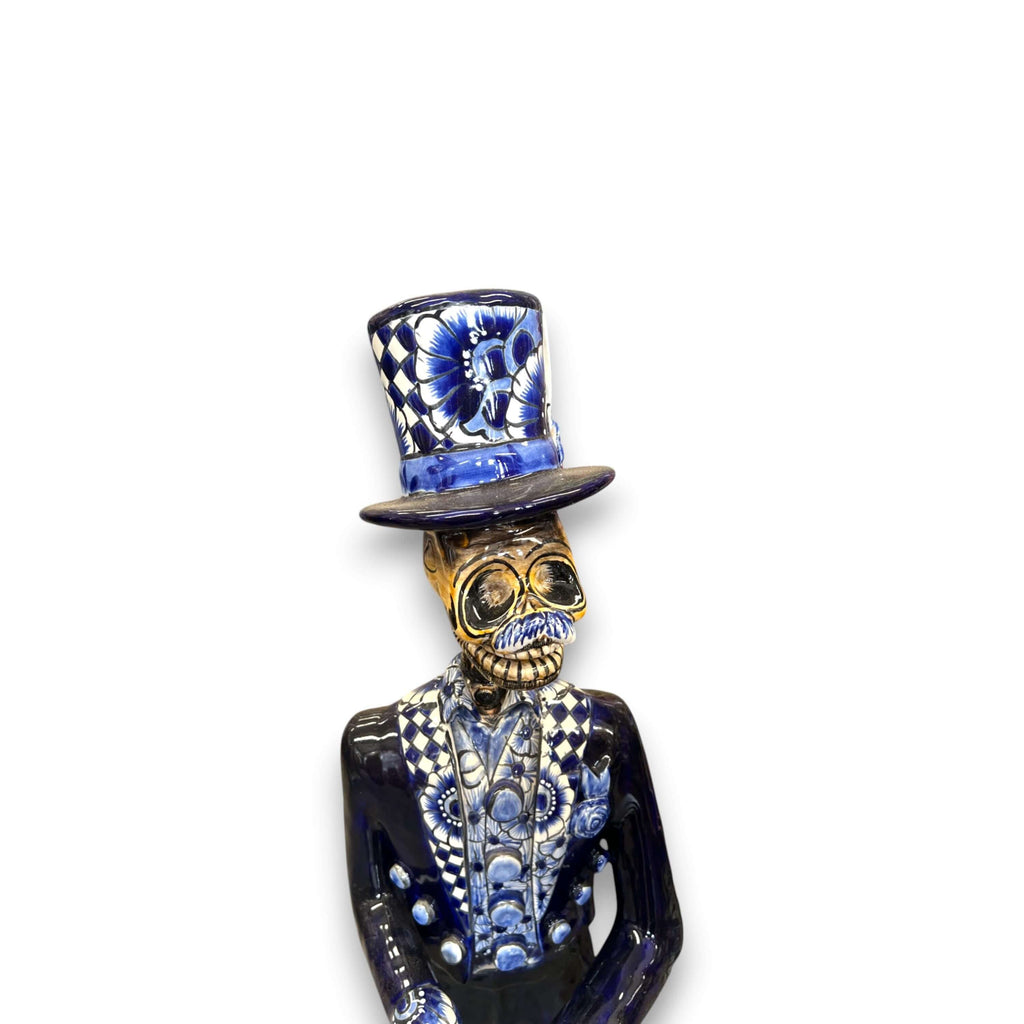Blue & White Talavera Catrin Statue | Day of the Dead Figurine