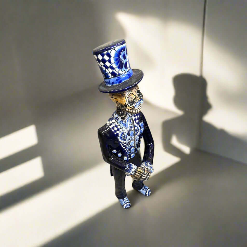 Blue & White Talavera Catrin Statue | Day of the Dead Figurine