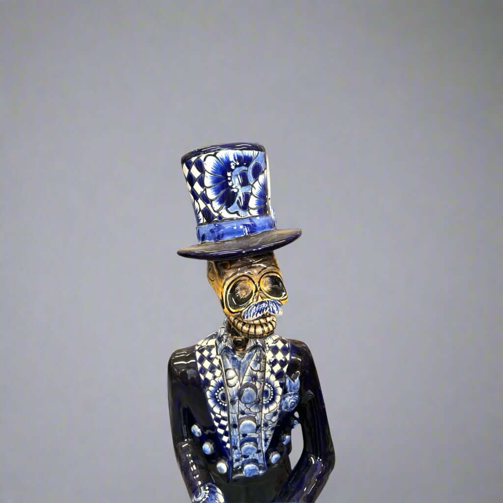 Blue & White Talavera Catrin Statue | Day of the Dead Figurine