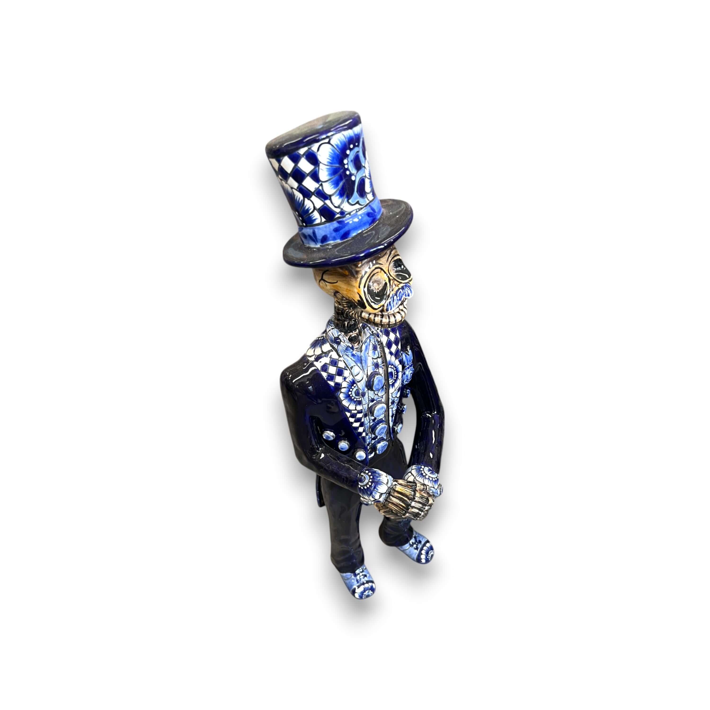 Blue & White Talavera Catrin Statue | Day of the Dead Figurine