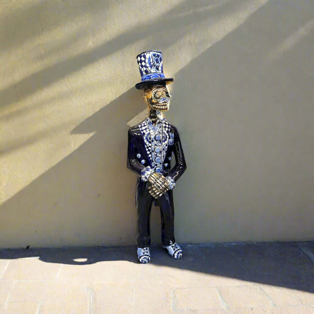 Blue & White Talavera Catrin Statue | Day of the Dead Figurine