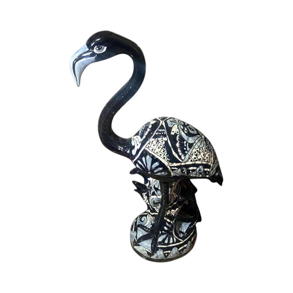 Blue & White Talavera Flamingo Statue | Hand-Painted Bird Pottery