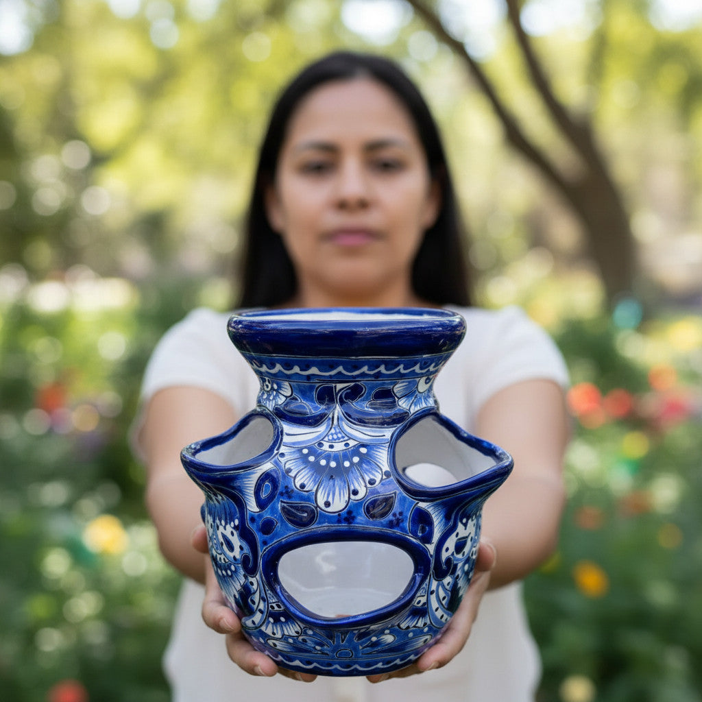 Blue & White Talavera Strawberry Planter | Handmade Mexican Pot