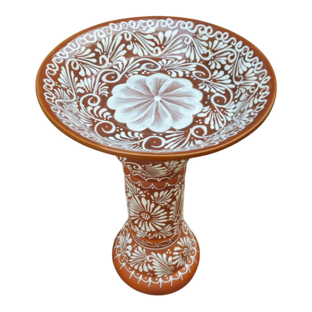 Brown & White Talavera Bird Bath | Handmade Garden Accent