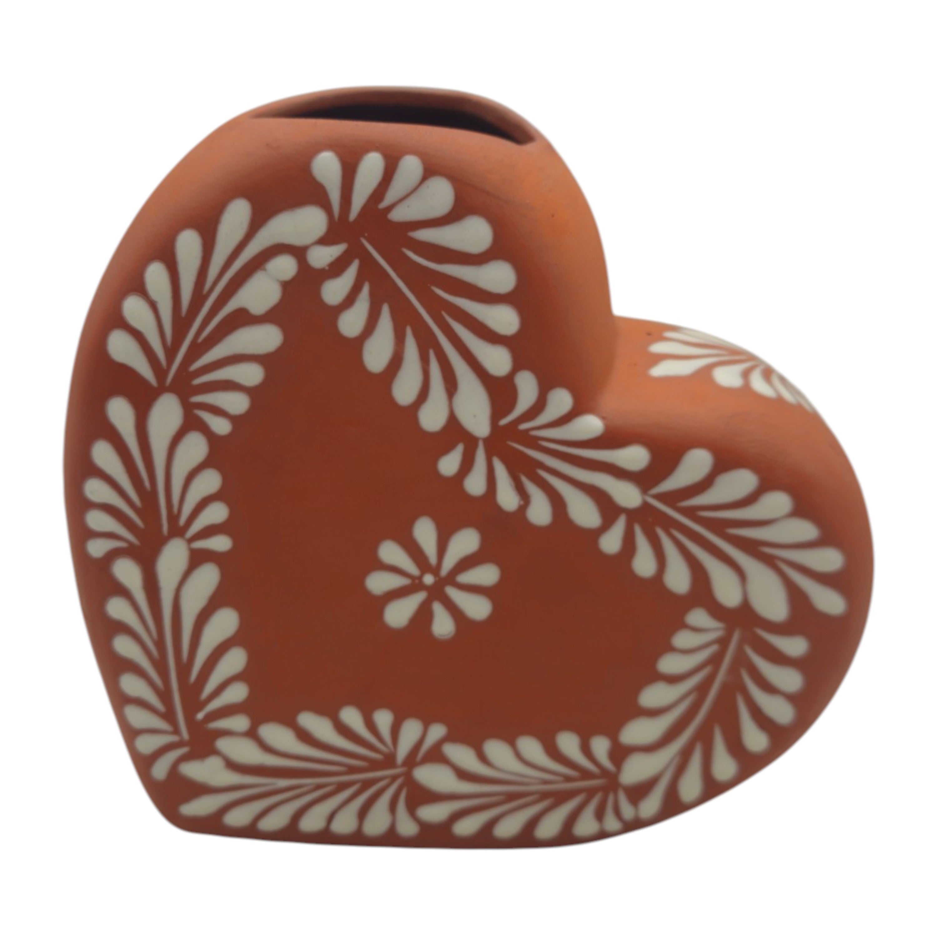 Brown & White Talavera Heart Vase | Hand-Painted Pottery