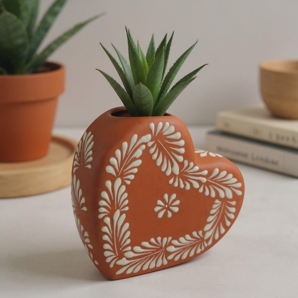 Brown & White Talavera Heart Vase | Hand-Painted Pottery
