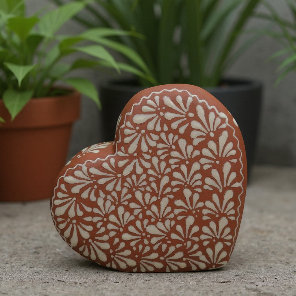 Brown & White Talavera Heart Vase | Hand-Painted Pottery