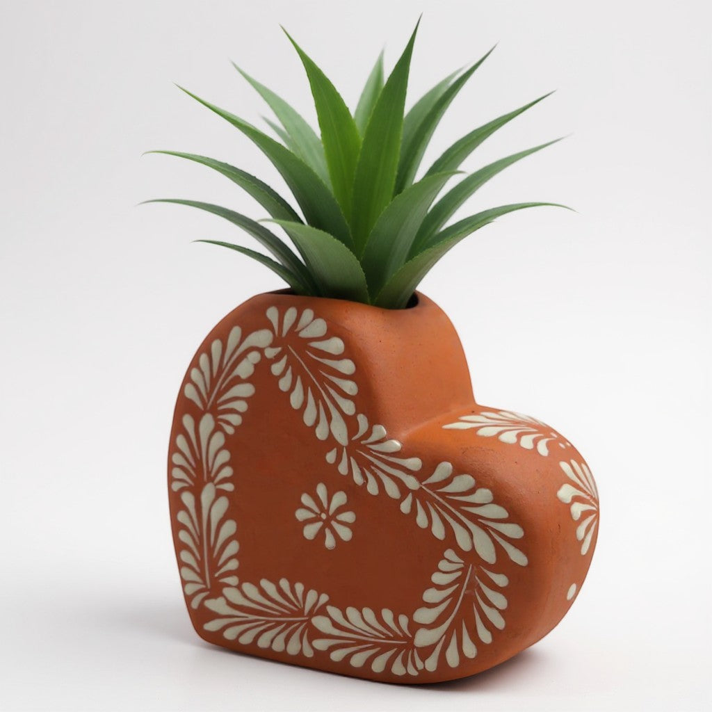 Brown & White Talavera Heart Vase | Hand-Painted Pottery