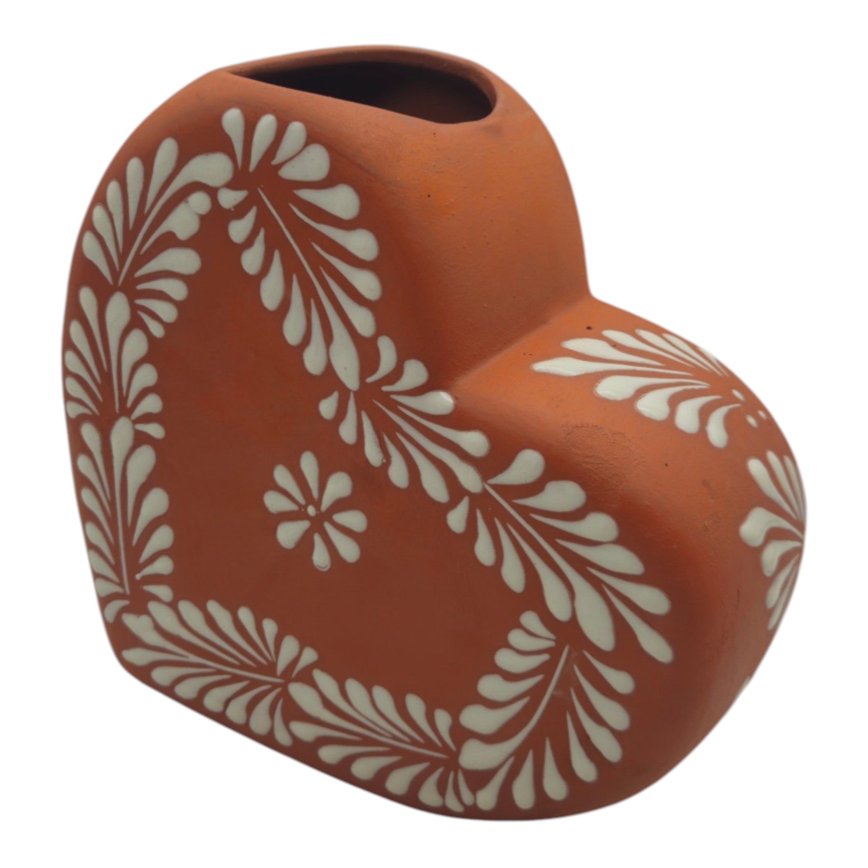 Brown & White Talavera Heart Vase | Hand-Painted Pottery